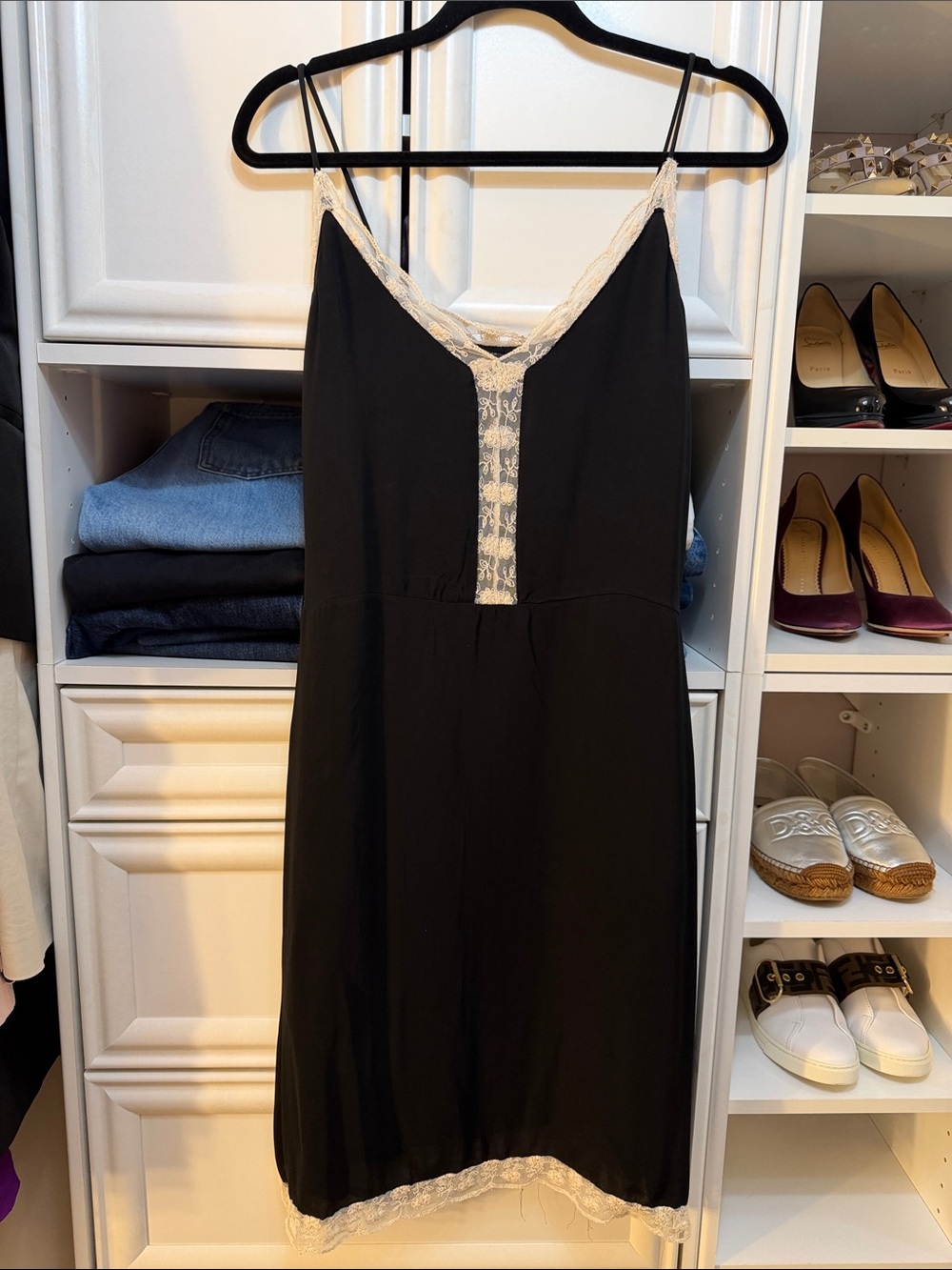 Zara Black Slip Dress with Ivory Lace Accent